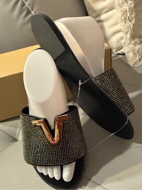 Women's Black Crystal V-Slide Mule with Gold Accent